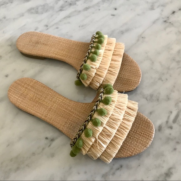 BCBGeneration Shoes - Straw & pom pom flat sandals size 8